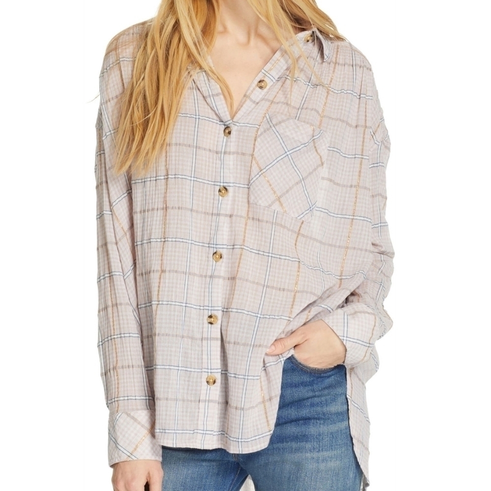 Free People Break My Stride Pink Plaid Shirt